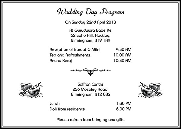 Sikh wedding invitation wording 1A - Parekh Cards